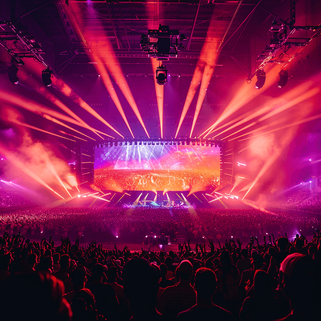 Large-scale live event with LED stage, camera cranes, and production crew managing a broadcast-level concert setup.