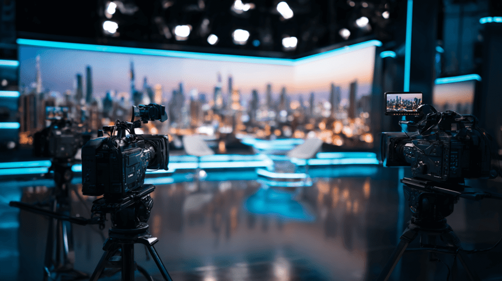 Television studio with cameras and LED floor