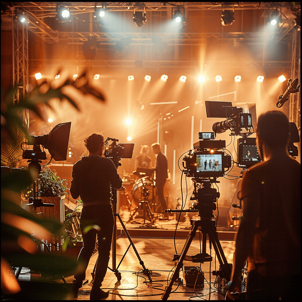 Medium-scale event with multiple camera operators, lighting rigs, and a technical crew recording a live presentation on stage.