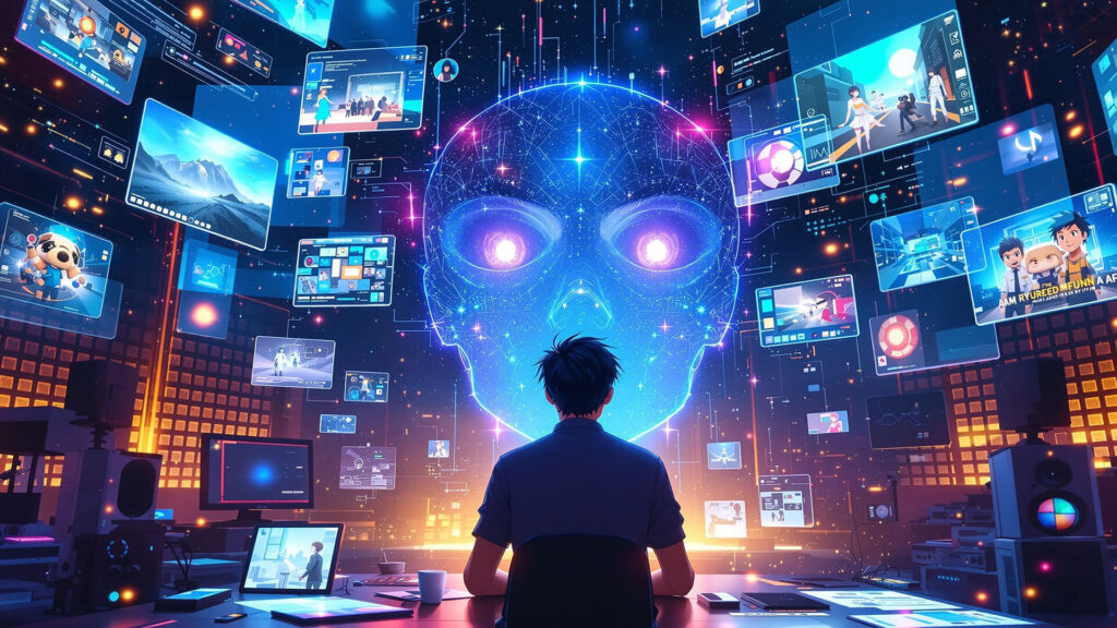 Anime-style creative director surrounded by AI holographic visuals and film elements.