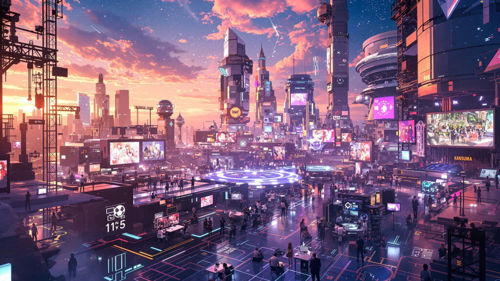 Anime city filled with AI-powered billboards showing diverse film genres.