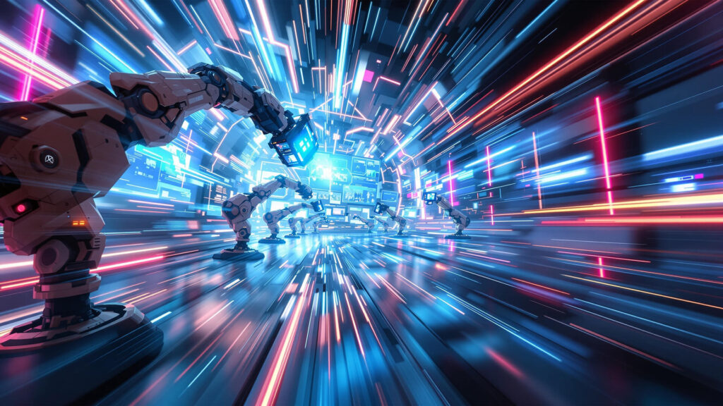 Anime-style futuristic film studio with AI-powered editing robots and glowing energy