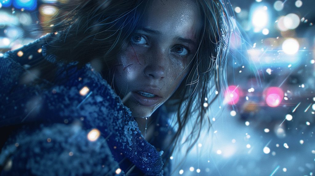 Close-up of a cinematic female action heroine symbolizing AI-powered storytelling and human emotion in filmmaking.