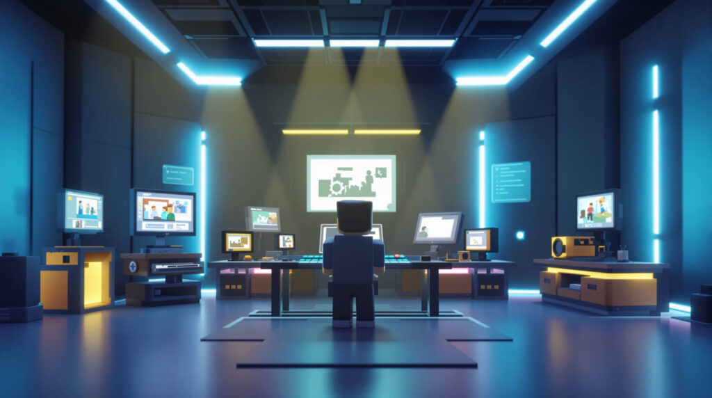 Voxel editor adjusting AI-guided color grading across cinematic monitors.