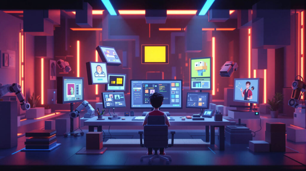 Voxel artist working with futuristic AI VFX tools and robotic assistants.