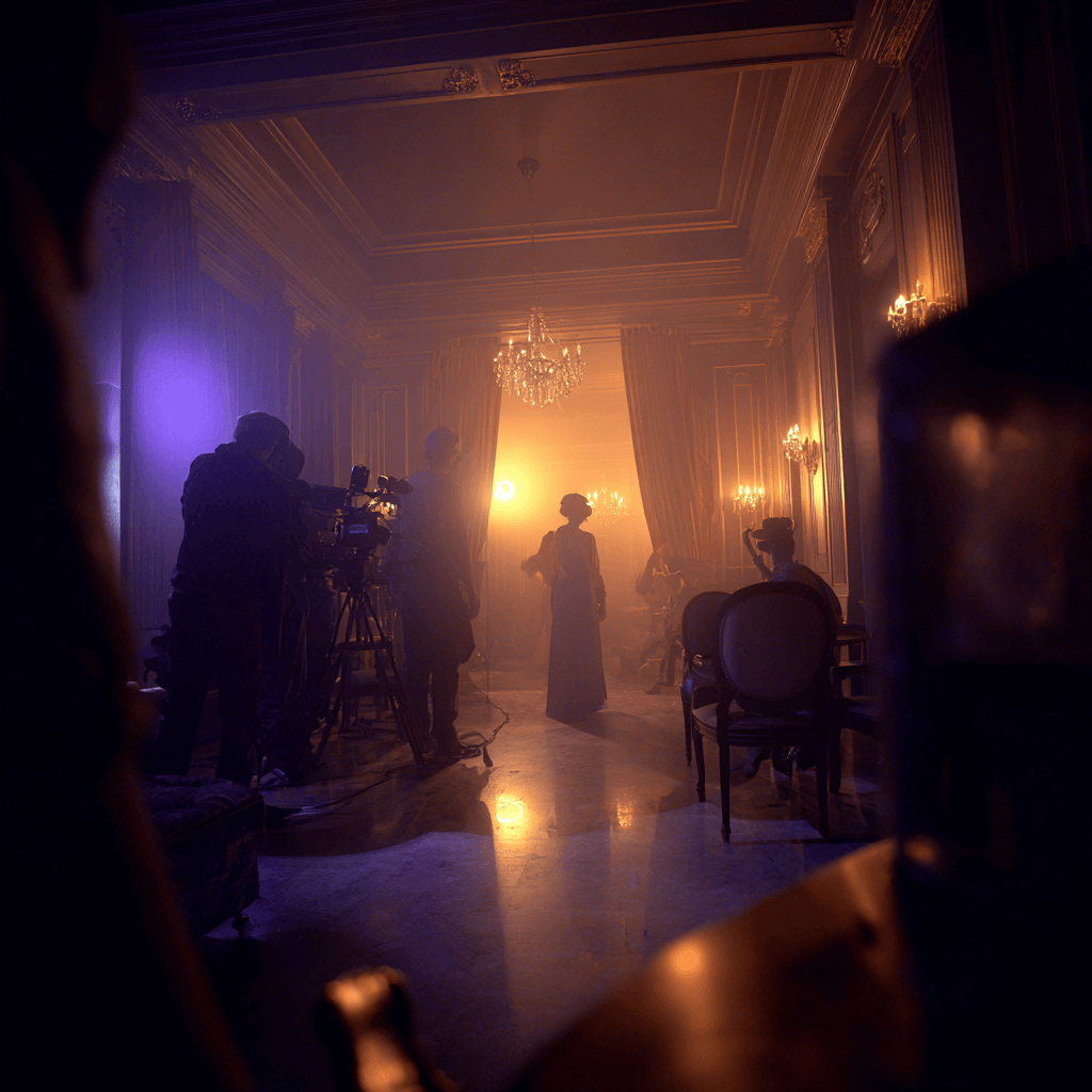Large professional film set with cinema camera, crew, and dramatic lighting.