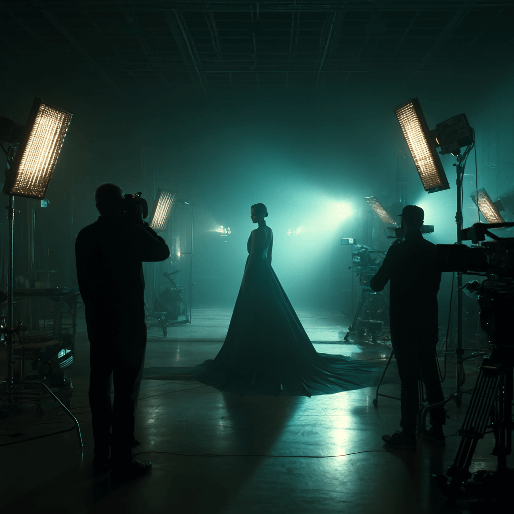 Luxury studio setup with beauty lighting and a fashion model under cinematic direction.