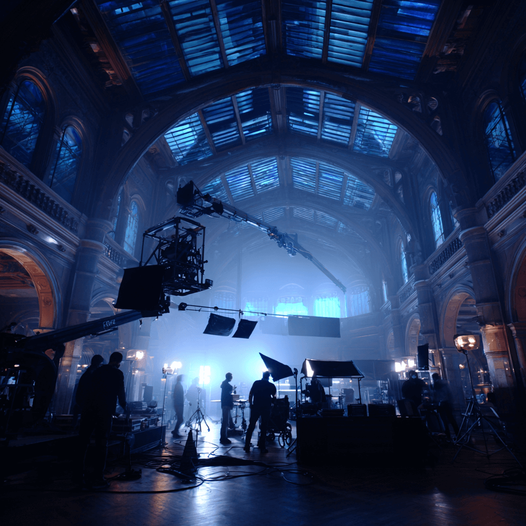 Epic commercial film set with crane camera, haze, and high-budget lighting.